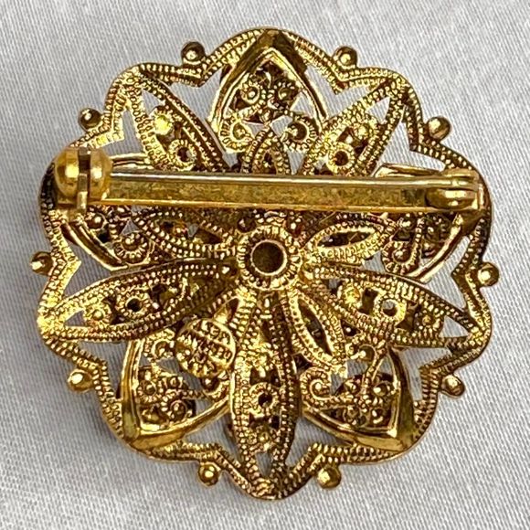 West Germany Ornate Brooch Gold Tone Filagree Amber And Pearly Stones - Picture 7 of 9